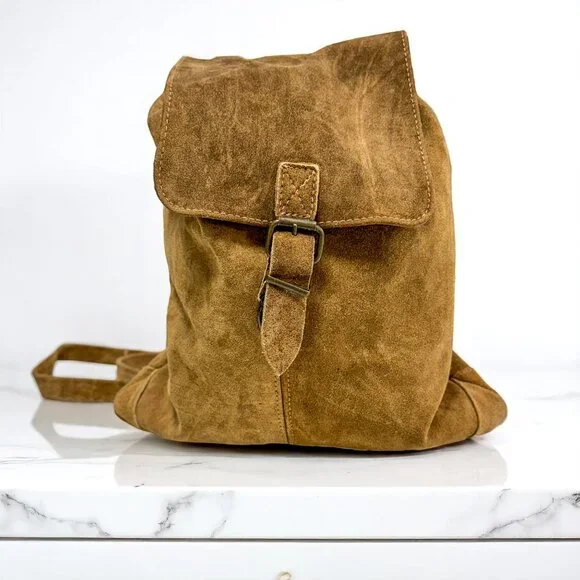 Vintage Brown Suede Backpack – Men’s Medium Bag, Casual Drawstring Style - Picture 3 of 11